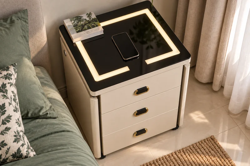 Smart bedside cabinet with a phone positioned on its charging top