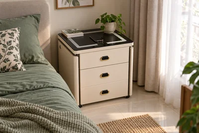 Smart bedside cabinet with a phone positioned on its charging top