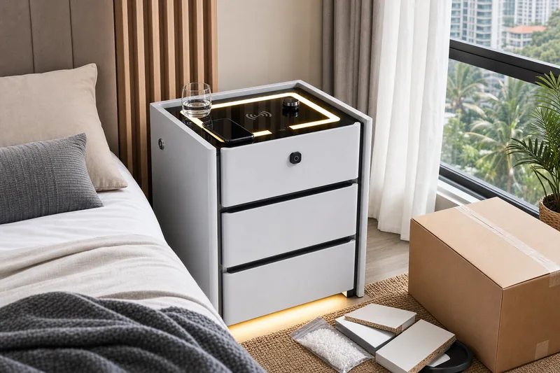 Smart bedside cabinet in Malaysian apartment with humid climate packaging details