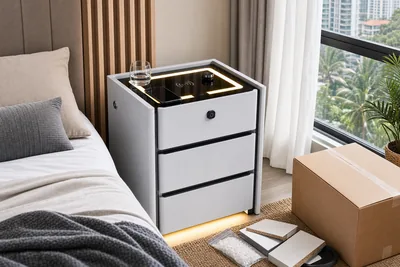 Smart bedside cabinet in Malaysian apartment with humid climate packaging details