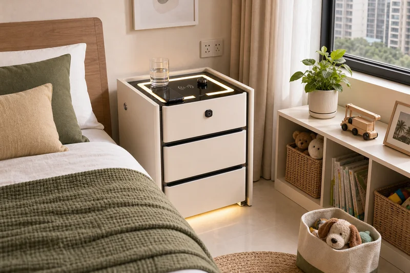 Practical bedside cabinet in a Malaysian family apartment bedroom