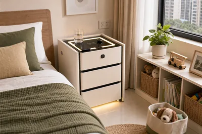 Practical bedside cabinet in a Malaysian family apartment bedroom